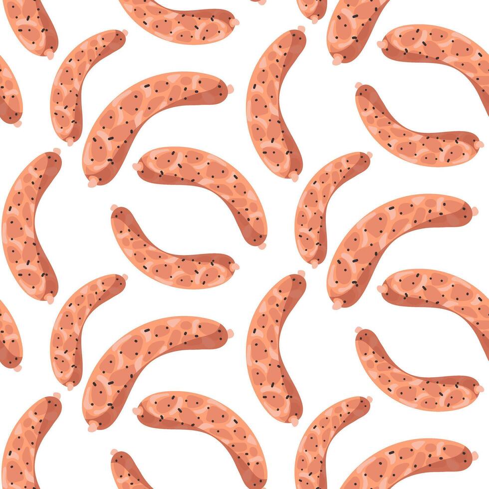 A pattern of fresh meat sausages for grilling and barbecue, all on a white. It is suitable for decorating the menus of seafood restaurants. seamless texture with finished barbecue products vector
