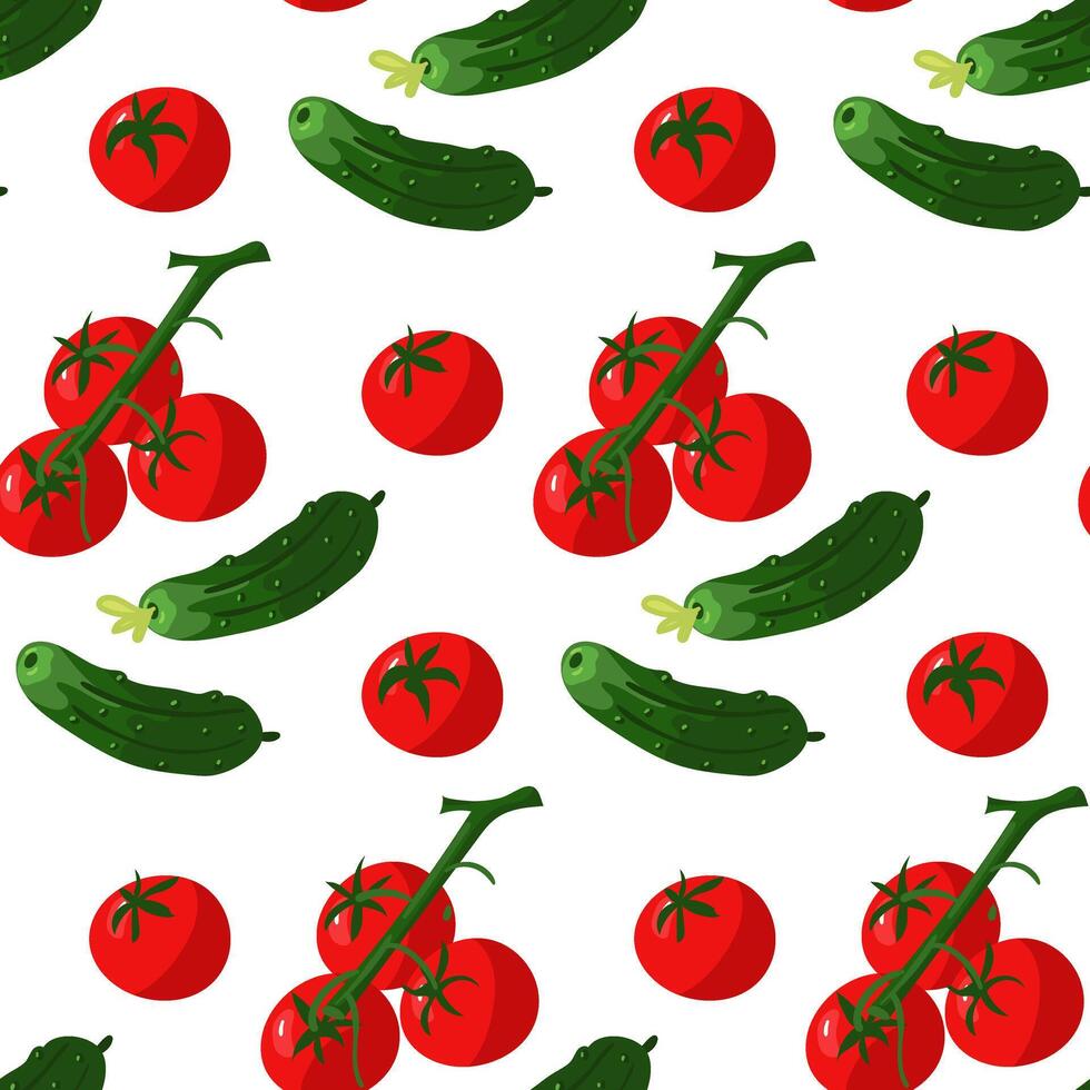 Pattern of fresh cucumbers and tomatoes, suitable for depicting fresh products from the garden. Suitable for cooking graphics, salad recipes, healthy lifestyle blogs. Packaging of flavor, ingredient vector