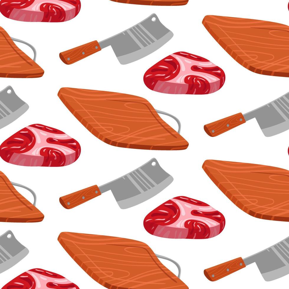 A pattern of fresh meat steak is cut with a large knife on a wooden board. Ideal for demonstrating recipes, cooking tips, cooking tutorials. Seamless illustration. Chef's slicing of steak vector