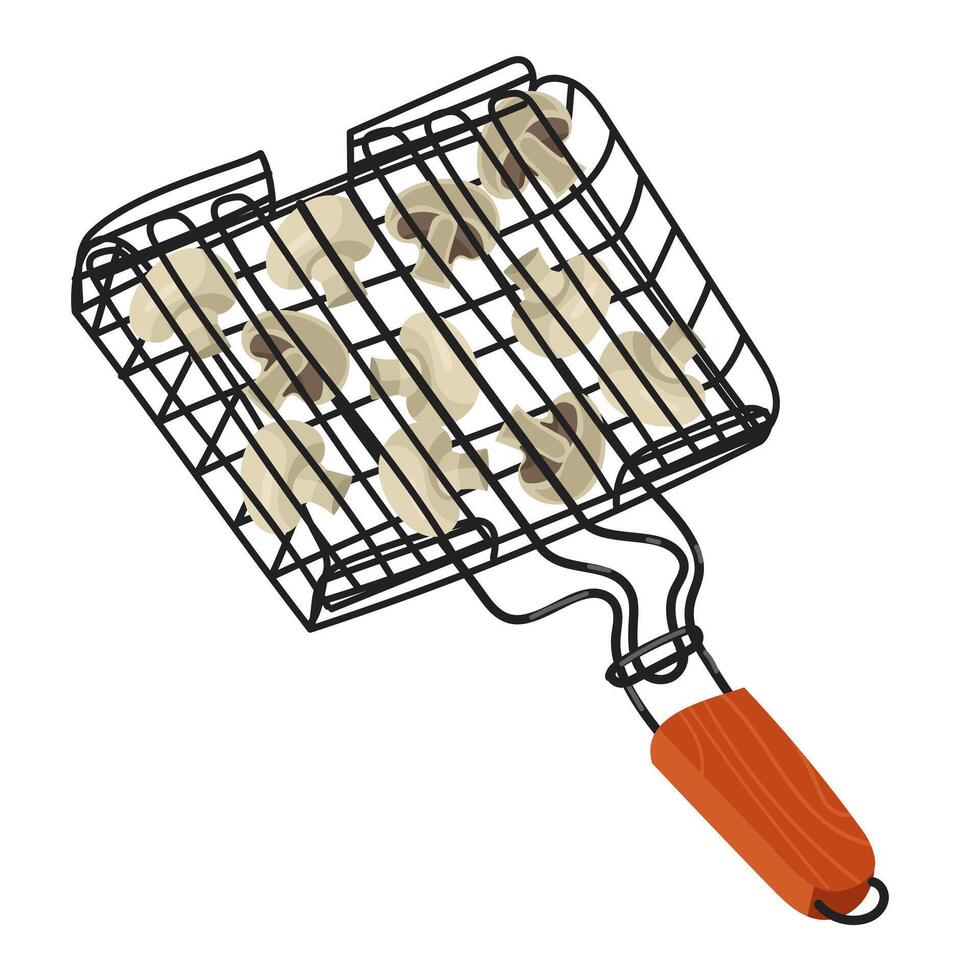 illustration of a grill grill with fresh mushrooms, cooking outdoors. Ideal for use in promotional materials. An isolated illustration of a barbecue. Demonstration of grilling techniques vector