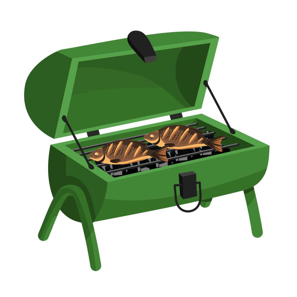 An iron outdoor grill with burning coals and whole fried fish, creating an atmosphere of cooking. Perfect for barbecue-themed invitations. An insulated object on legs with an open top. Black coal vector