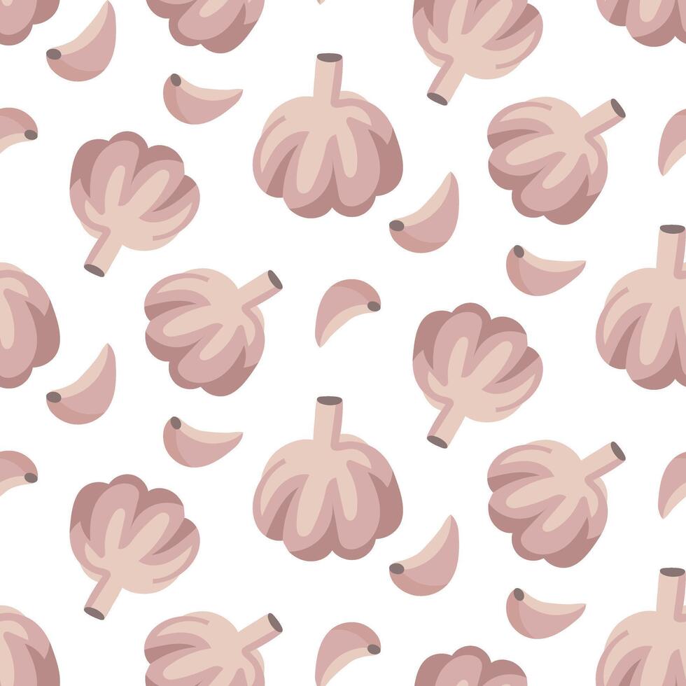 A pattern of garlic whole and in slices, showing the different sizes and orientation of garlic in a repetitive design. Spice. Use for packaging to show the taste. Seamless texture vector