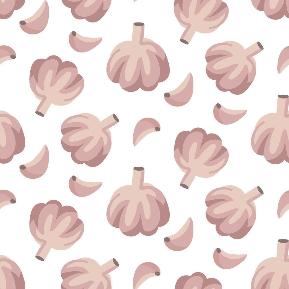 A pattern of garlic whole and in slices, showing the different sizes and orientation of garlic in a repetitive design. Spice. Use for packaging to show the taste. Seamless texture vector