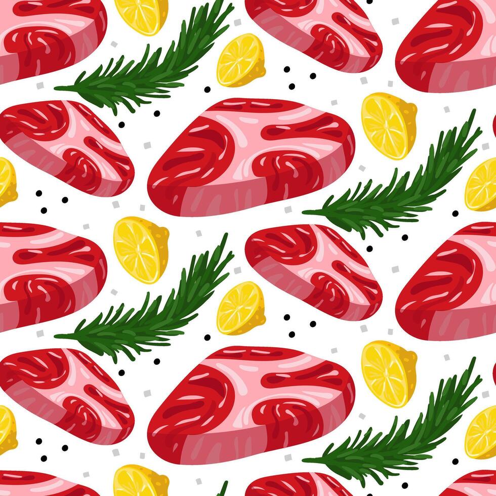 A pattern of fresh grilled meat steaks with lemon, rosemary and pepper, all on a white background. Design of seafood restaurant menus. seamless texture with finished barbecue products vector