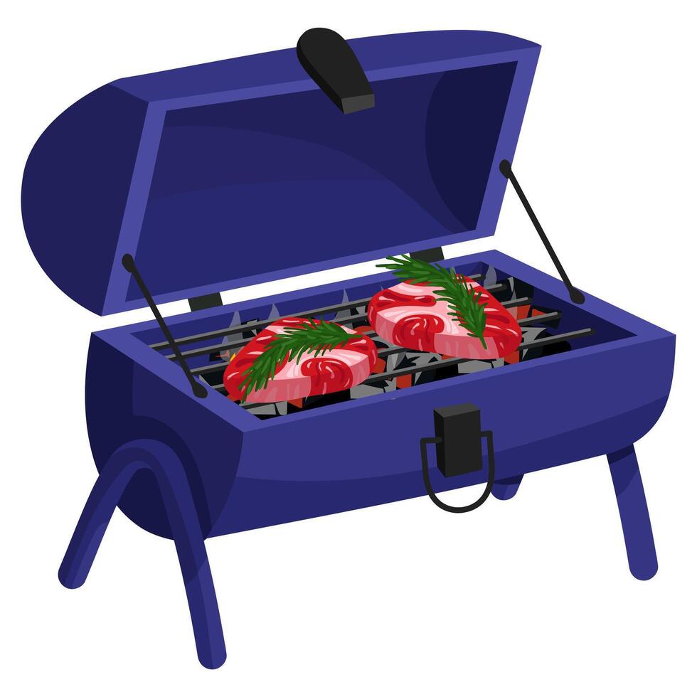 Iron outdoor grill with burning coals and a fresh steak of meat, creating an atmosphere of cooking. Perfect for barbecue-themed invitations, outdoor cooking. Insulated object on legs with an open top vector