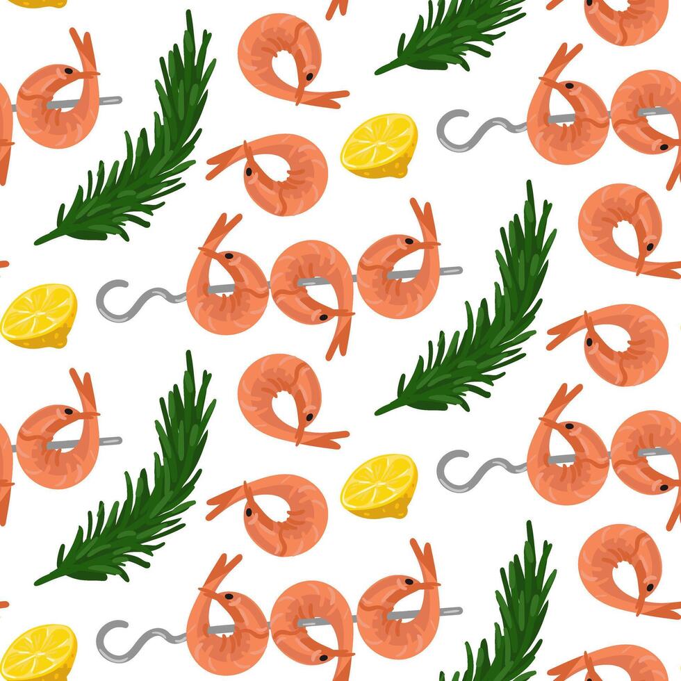 pattern of fresh pink boiled shrimp on skewers with lemon and rosemary, all on white. Design of seafood restaurant menus. seamless texture with finished barbecue products vector