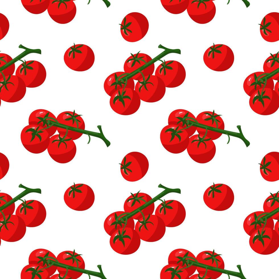 A pattern of juicy red tomatoes on a branch and separately. It is suitable for culinary graphics, commercials at farmers' markets, postcards with recipes, and indication of ingredients. Packaging vector