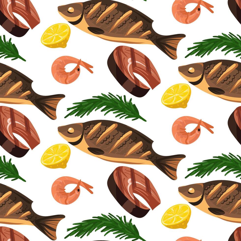 A pattern of whole fish, fillets and boiled shrimp on white. Lemon and rosemary. It is suitable for decorating the menus of seafood restaurants. seamless texture with finished barbecue products vector