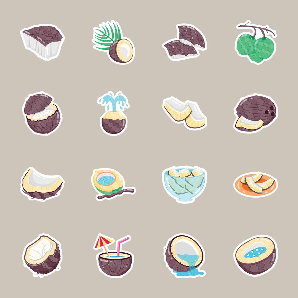 Handy Pack of Tropical Coconut Flat Stickers vector