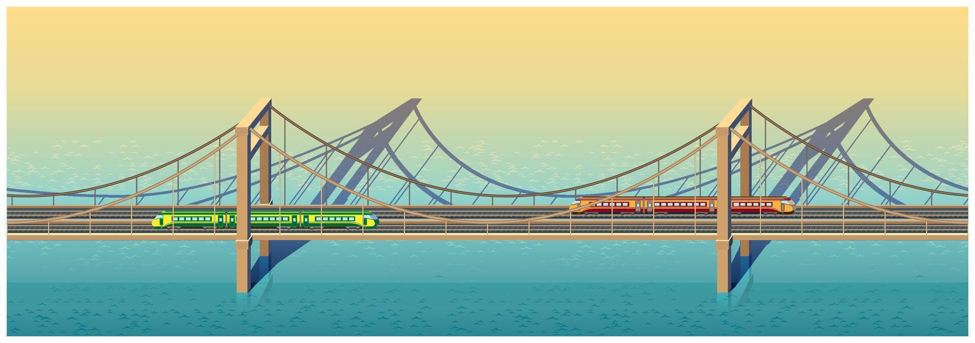 Seamless horizontal composition illustrated large railway bridge with two trains on it on a sunny day vector