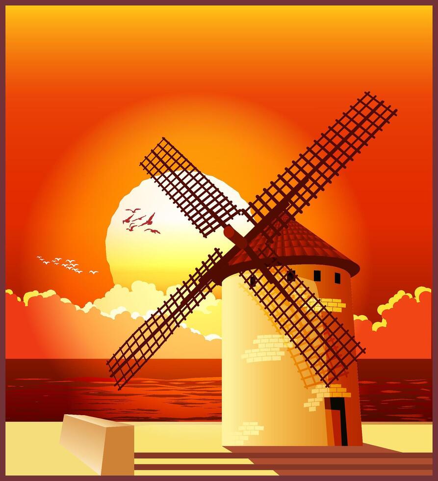 Windmill at sunset vector