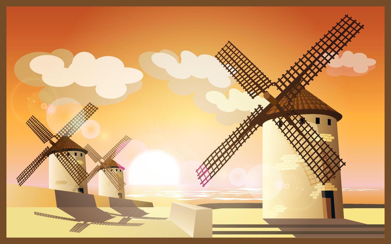 windmills at sunset vector