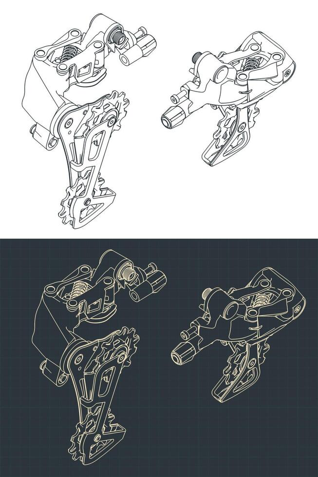 Bicycle rear derailleur isometric blueprints vector