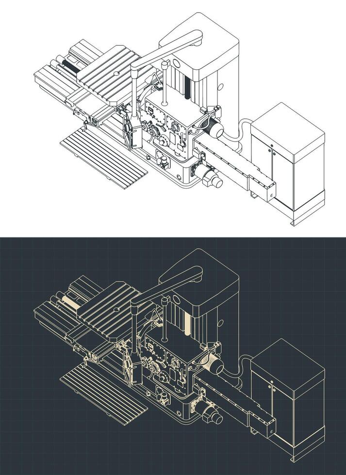 Milling CNC machine isometric blueprints vector