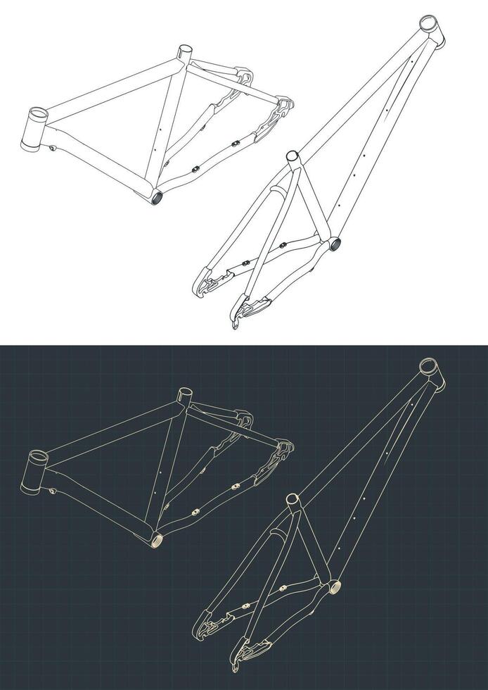 Bicycle frame isometric blueprints vector