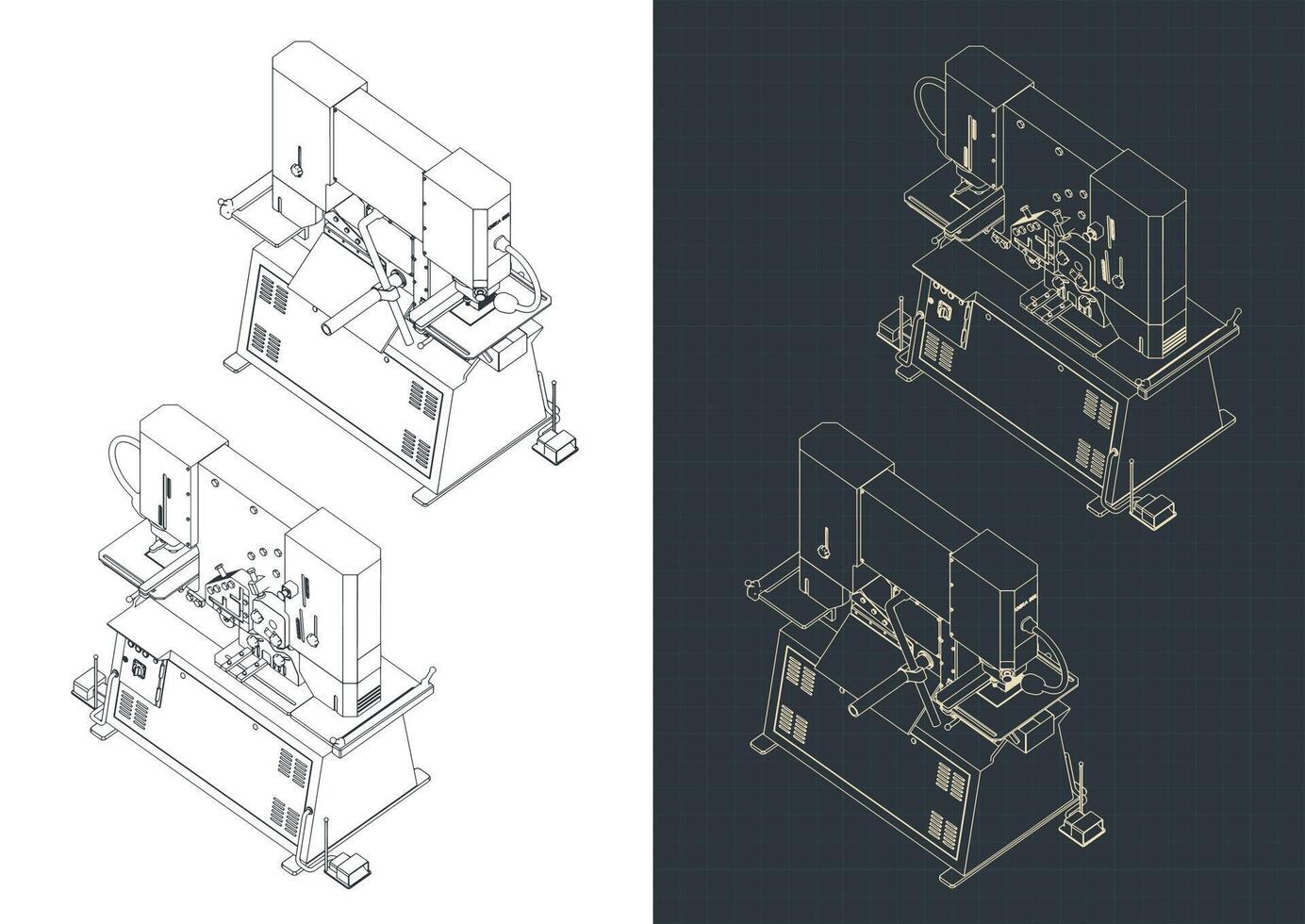 Punch machine isometric blueprints vector