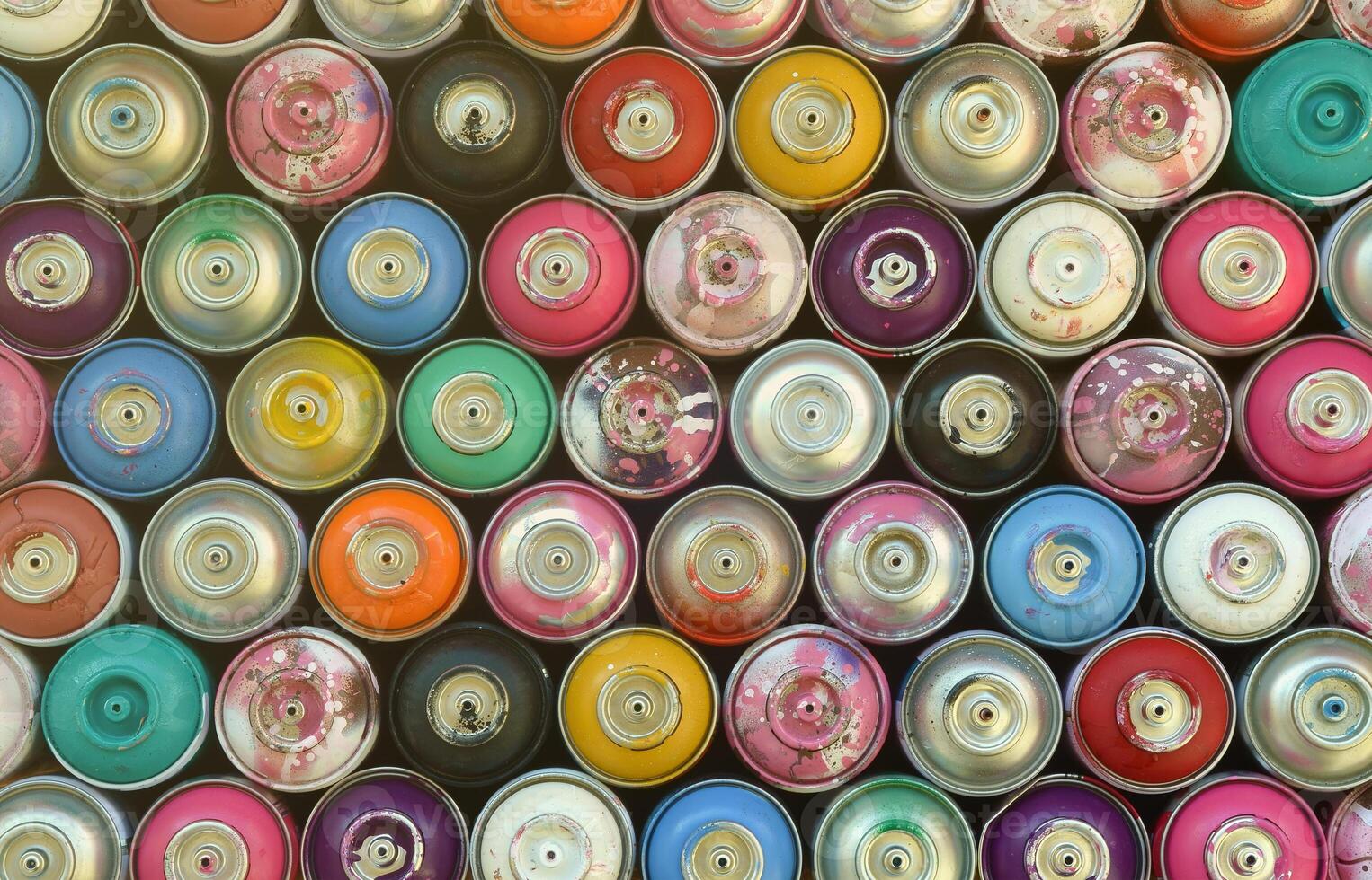 Large number of used colorful spray cans of aerosol paint lying on the treated wooden surface in the artist's graffiti workshop close up. Dirty and stained cans for art photo