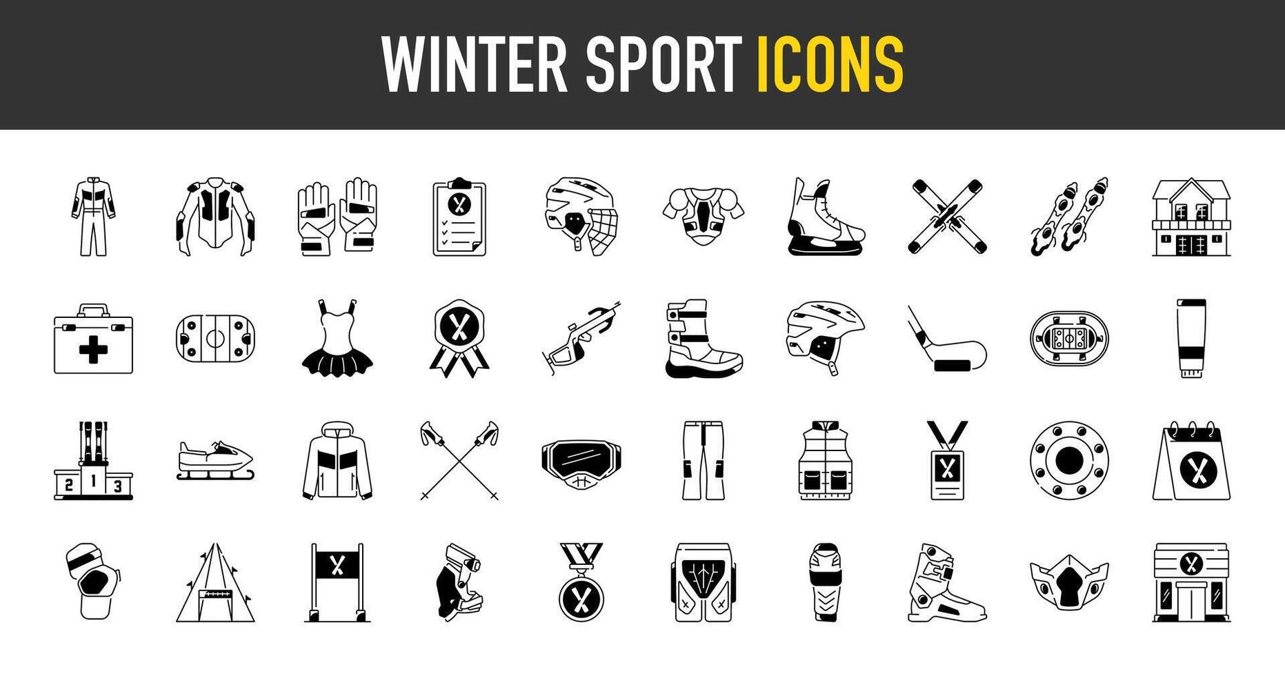 Winter sports icon set. Such as biathlon, curling, skating, skiing, ice hockey, bobsleigh and more illustration icon. vector