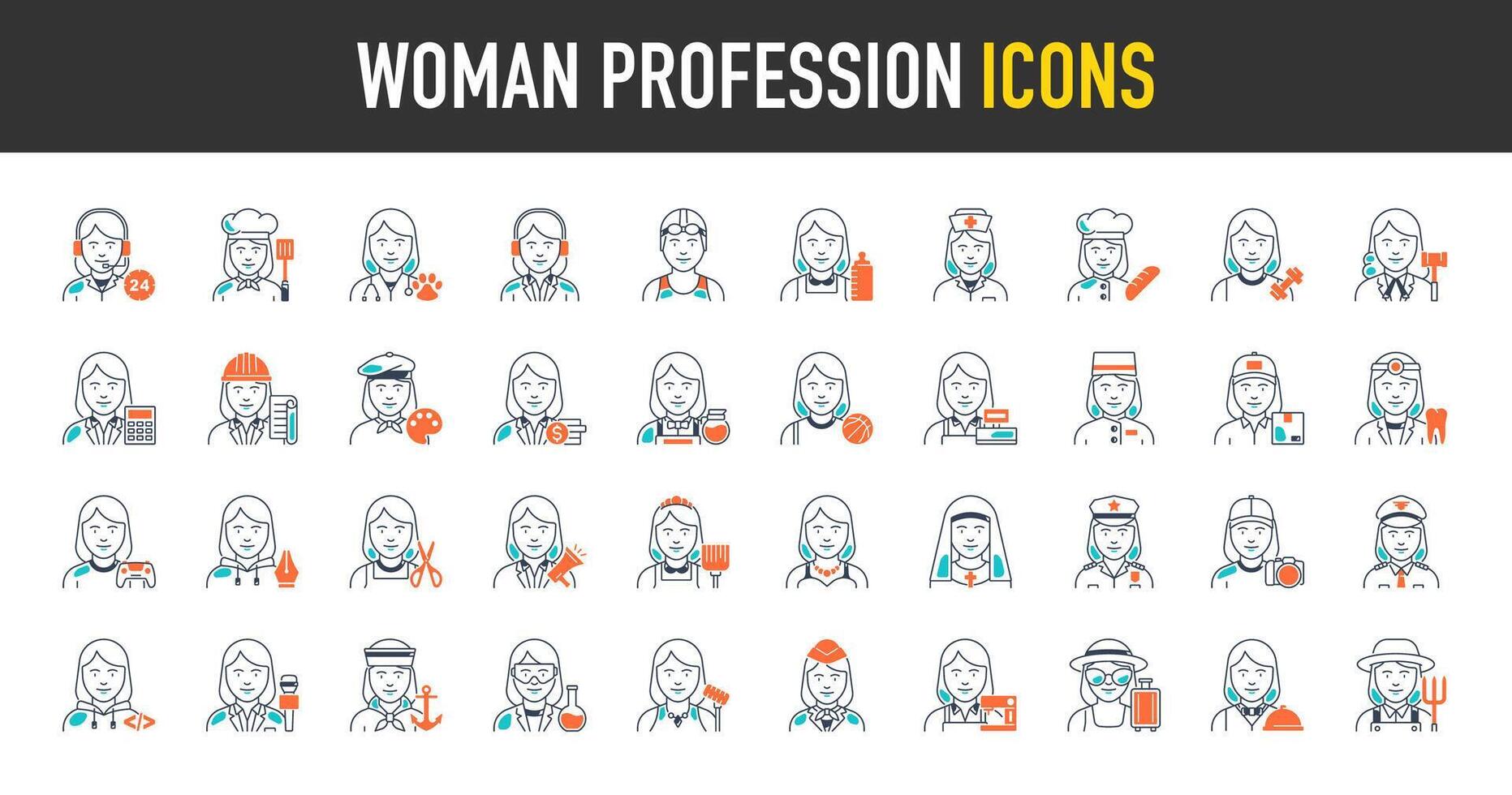 Women professions icons set. Such as occupations, workers, lawyer, chef, doctor, developer, scientist, farmer, entrepreneur, influencer, designer and more icon. Isolated illustrations icon. vector