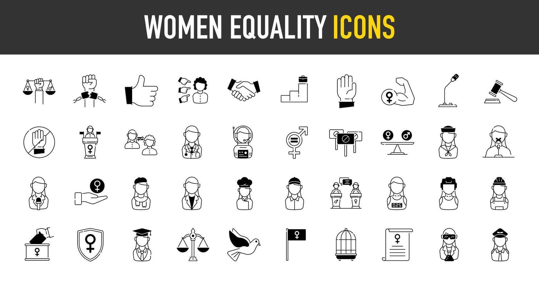 Set of women equality icons. Such as female sign, law, justice, power, peace, profession and more icon illustration. vector