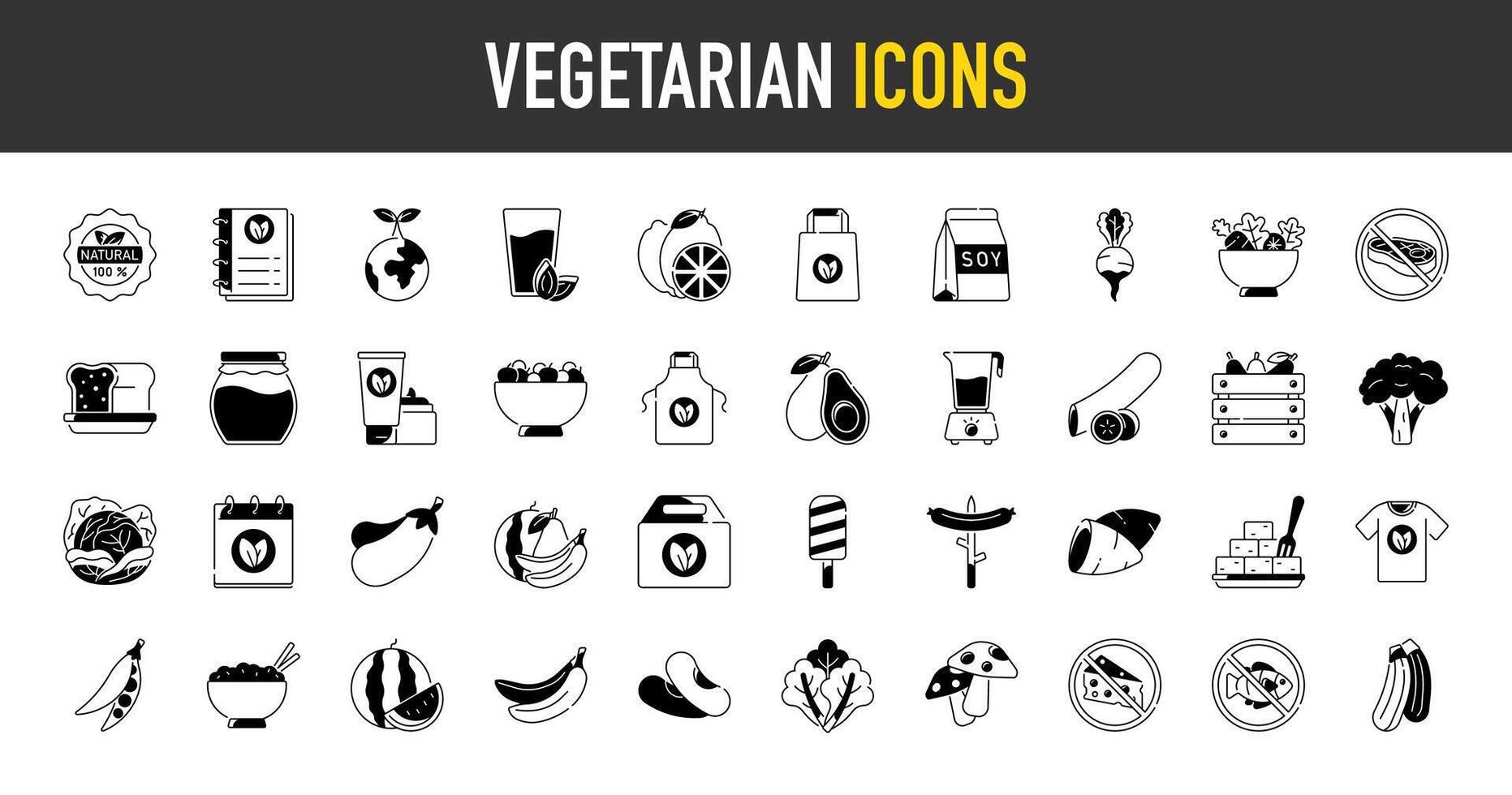 Vegetarian, vegetable, veggies minimal icon set. Such as icons as tomato, cucumber, kohlrabi, cauliflower, pattypan squash, fiddleheads, daikon, honey, no meat, no fish and more illustration. vector