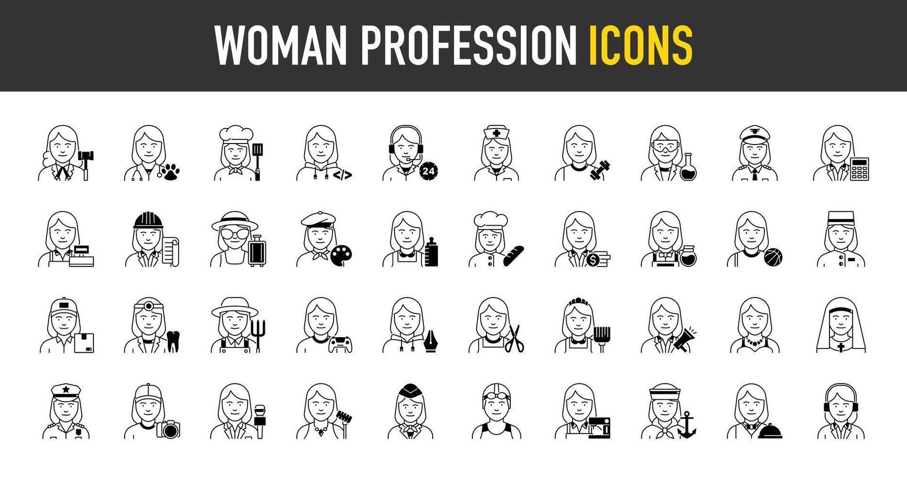 Women professions icons set. Such as occupations, workers, lawyer, chef, doctor, developer, scientist, farmer, entrepreneur, influencer, designer and more icon. Isolated illustrations icon. vector