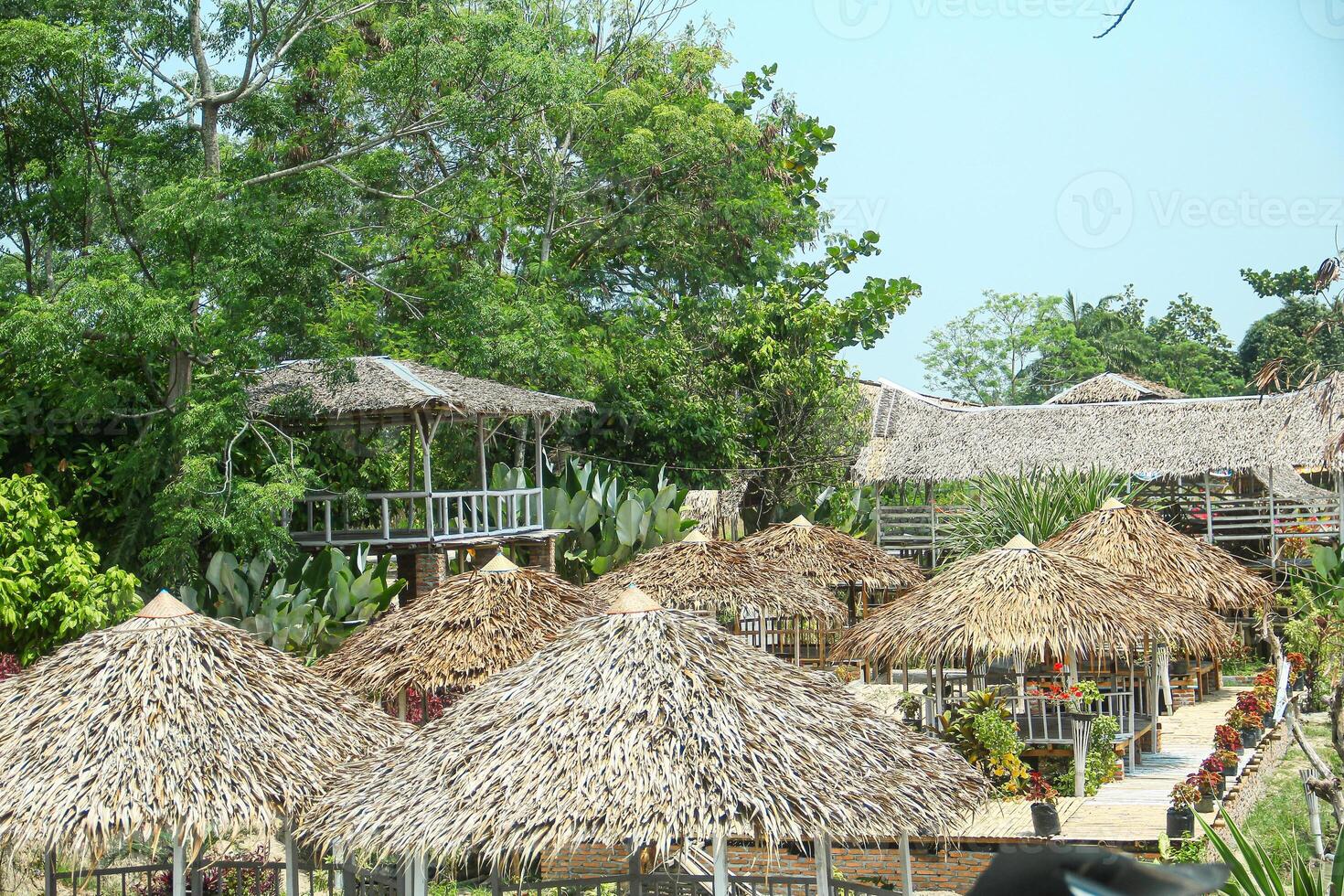 Simple buildings and huts made of wood and roofs made of sago leaves photo