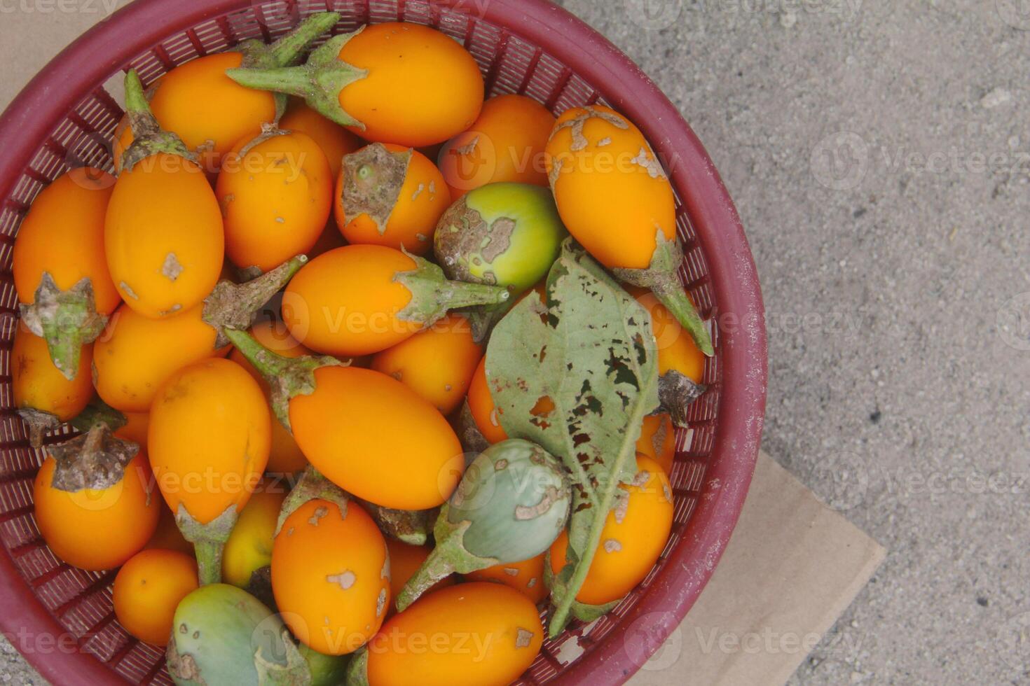 Fresh yellow eggplant stored in a red bowl photo