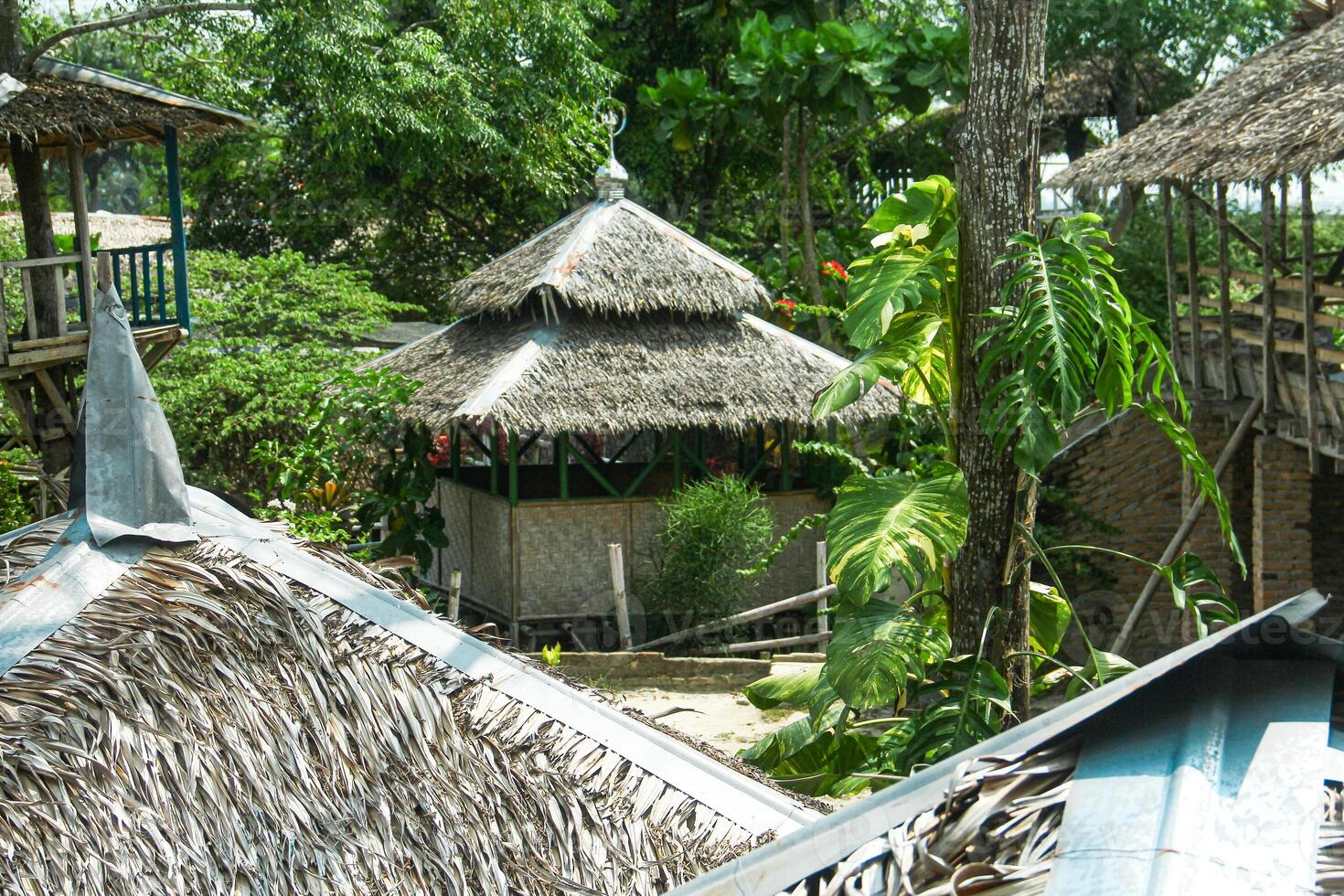 Simple buildings and huts made of wood and roofs made of sago leaves photo