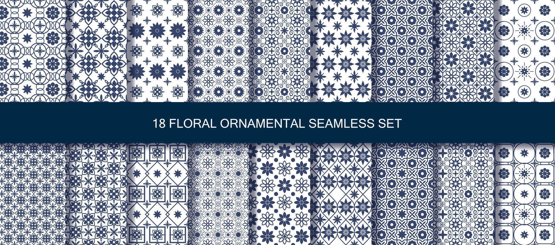 Oriental patterns seamless vintage 18 set in blue. vector