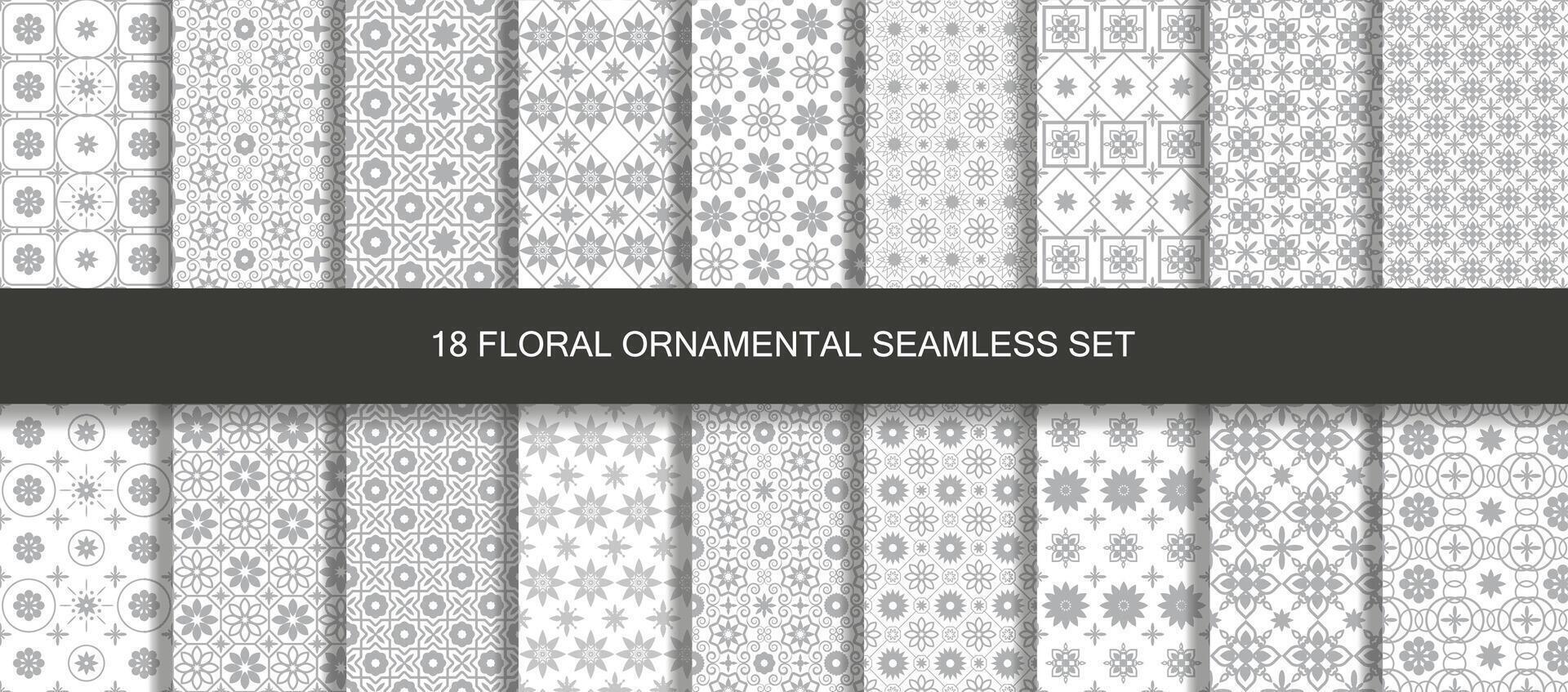 Oriental patterns seamless vintage 18 set in gray. vector