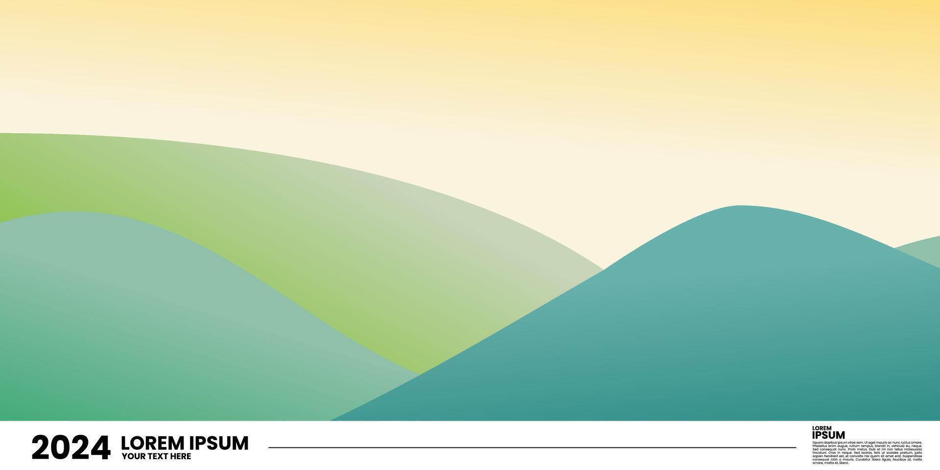 Image of a green and yellow landscape with three hills. The sky is yellow and fades to orange at the bottom. The hills are different shades of green and the foreground hill is the lightest. vector