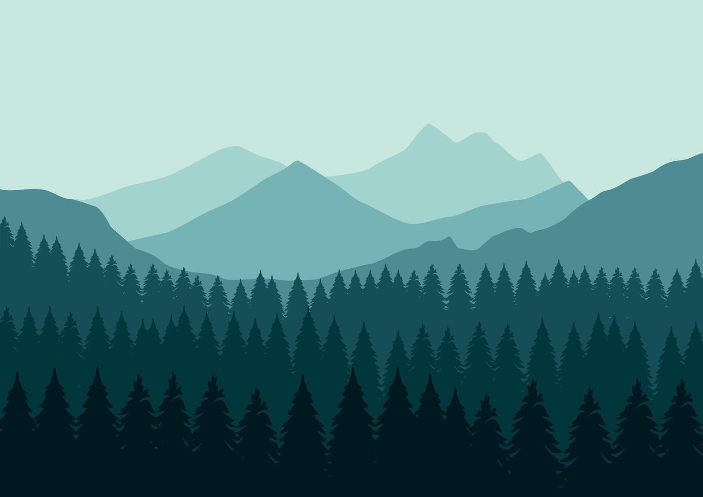 Mountains and pine forest landscape panorama. Illustration in flat style. vector