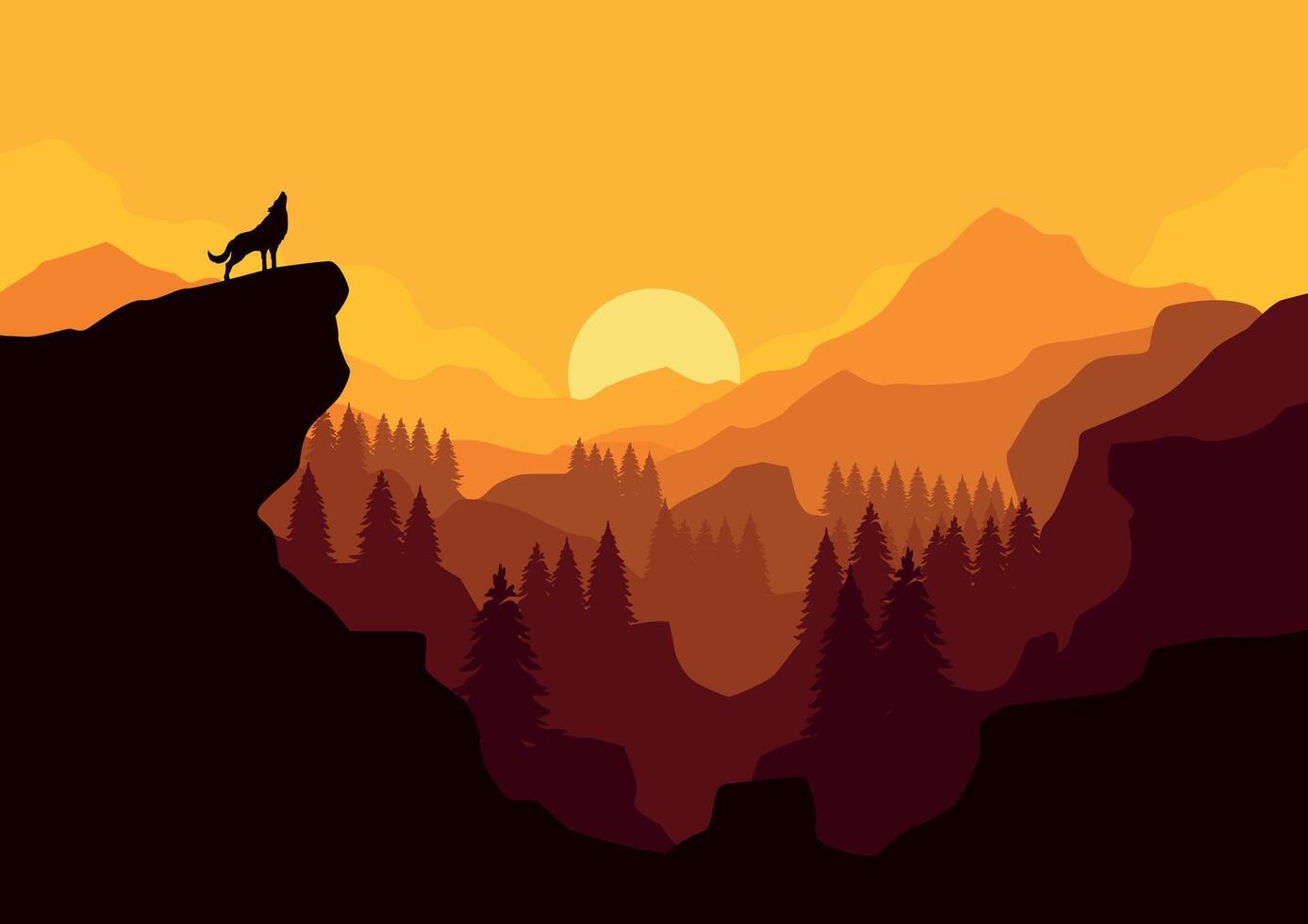 lobo en montañas y bosque. ilustración en plano estilo. vector