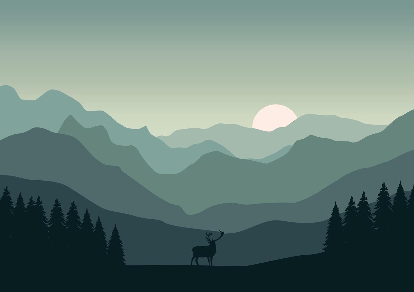 ciervo en montañas y bosque. ilustración en plano estilo. vector