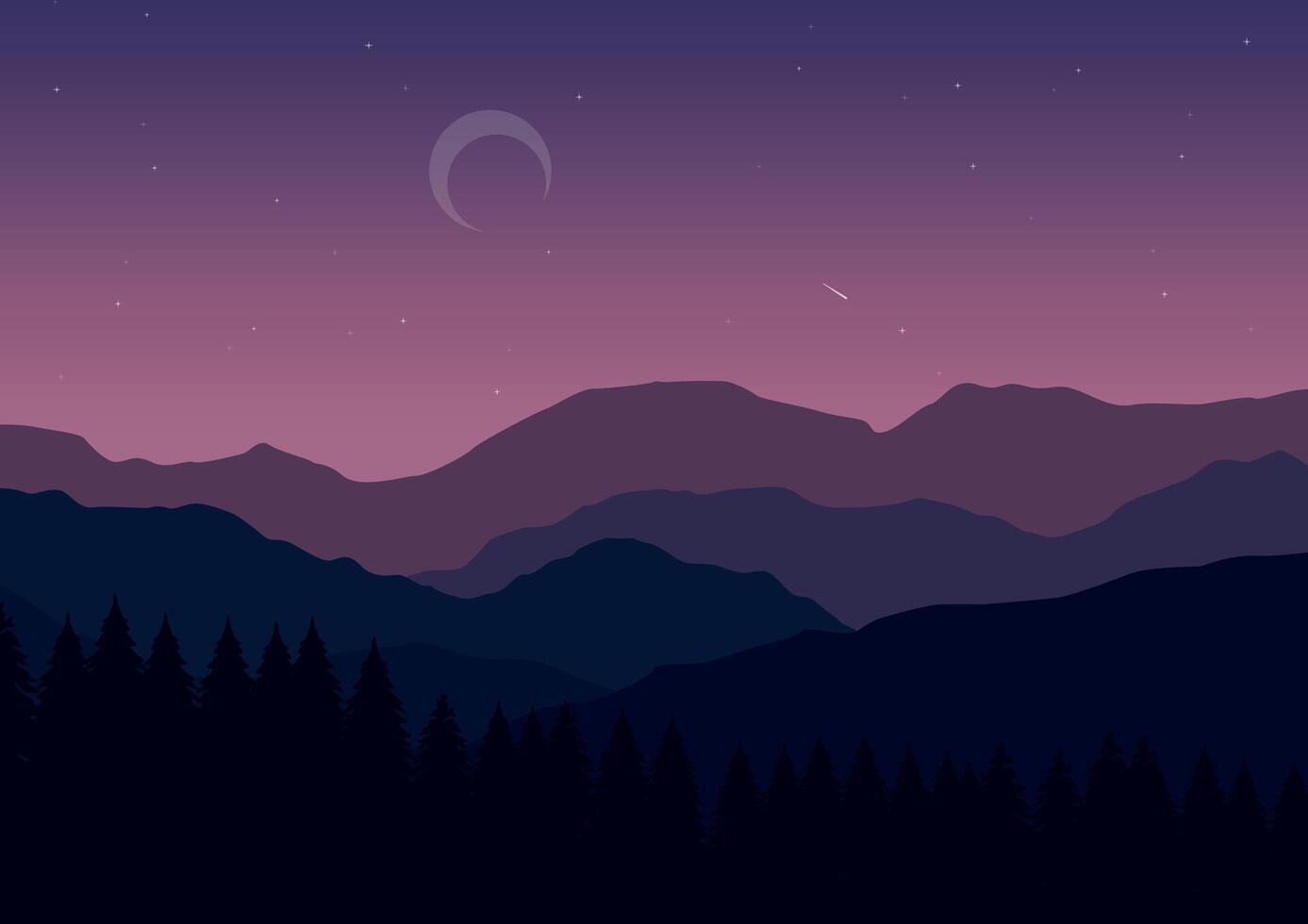 Mountains and pine forest landscape panorama. Illustration in flat style. vector