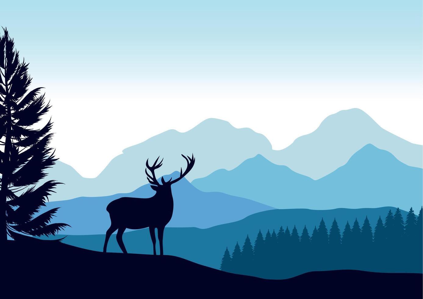 ciervo en montañas y bosque. ilustración en plano estilo. vector