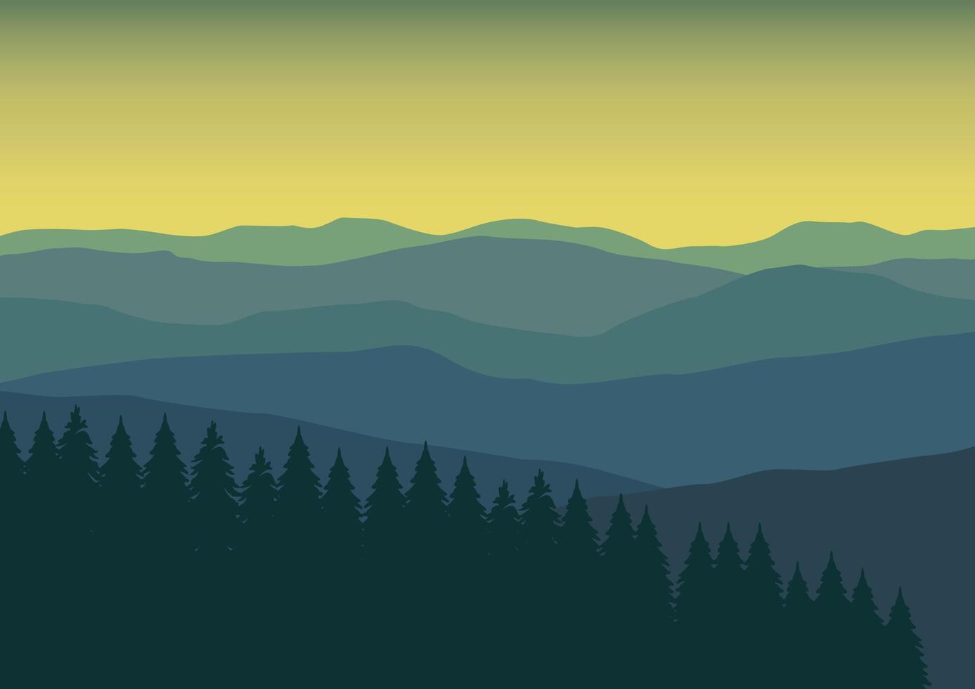 Mountains and pine forest landscape panorama. Illustration in flat style. vector
