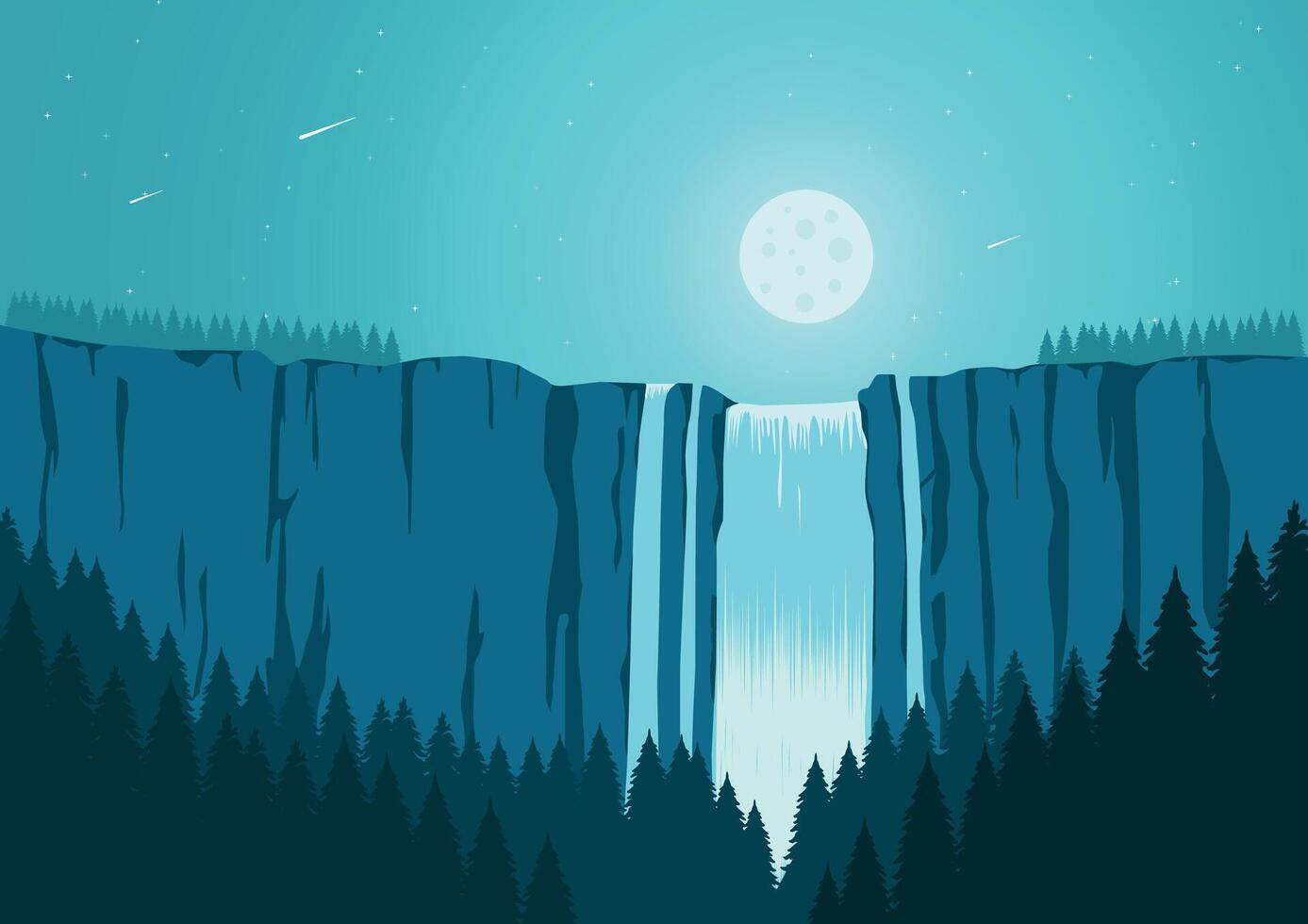 waterfall panorama. Illustration in flat style. vector