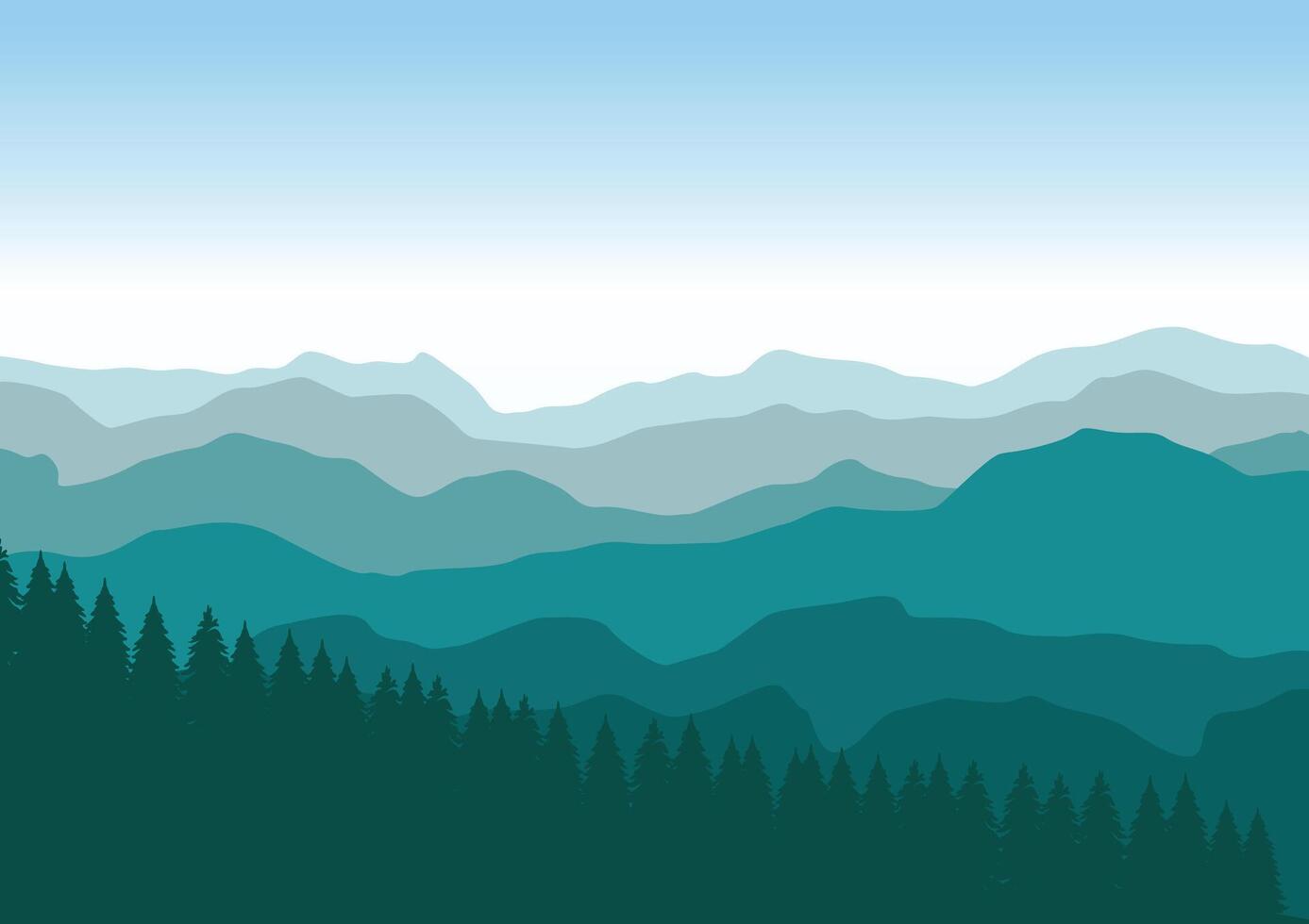 Mountains and pine forest landscape panorama. Illustration in flat style. vector