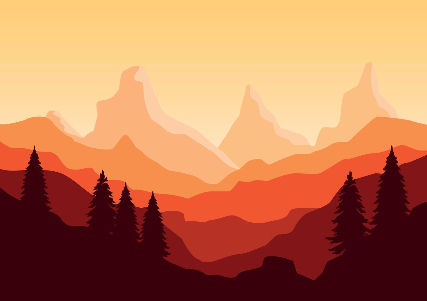 Mountains and pine forest landscape panorama. Illustration in flat style. vector