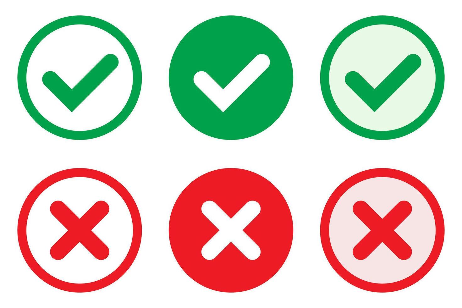 Right or wrong icons. Green tick and red cross checkmarks in circle flat icons. Yes or no symbol, approved or rejected icon for user interface. vector