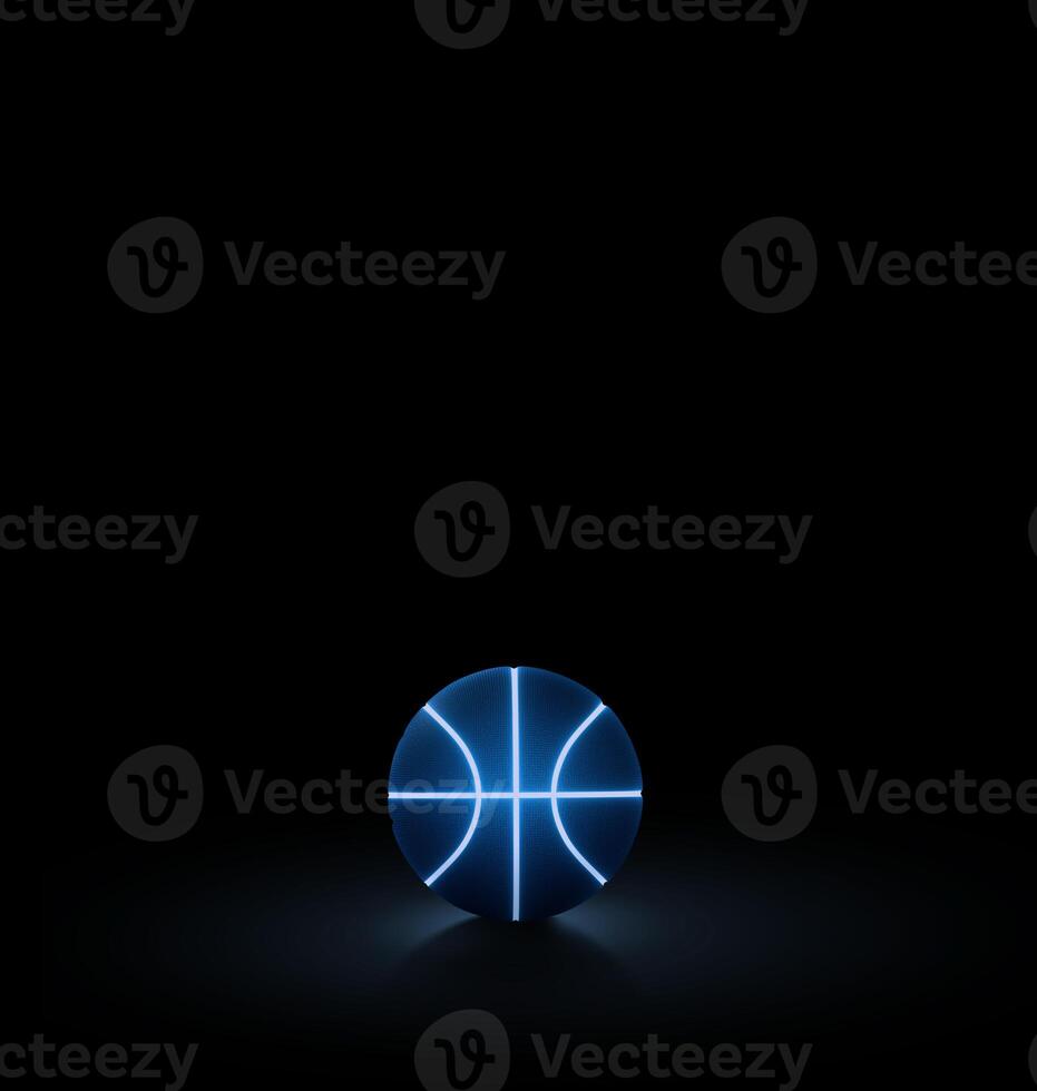 A black basketball ball has bright blue glowing neon lines on a black background. photo