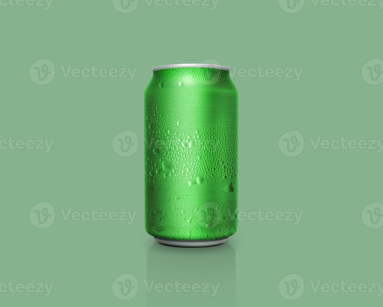 Can of fresh soda with water drops on color background photo