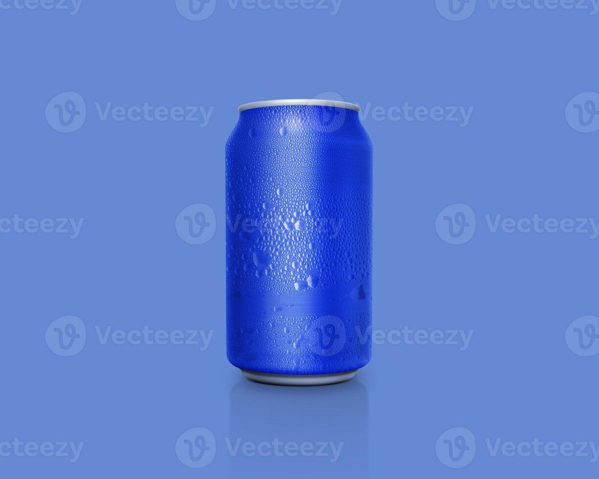 Can of fresh soda with water drops on color background photo