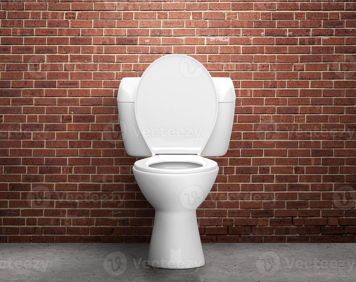 Ceramic toilet bowl in room brick wall and cement floor photo