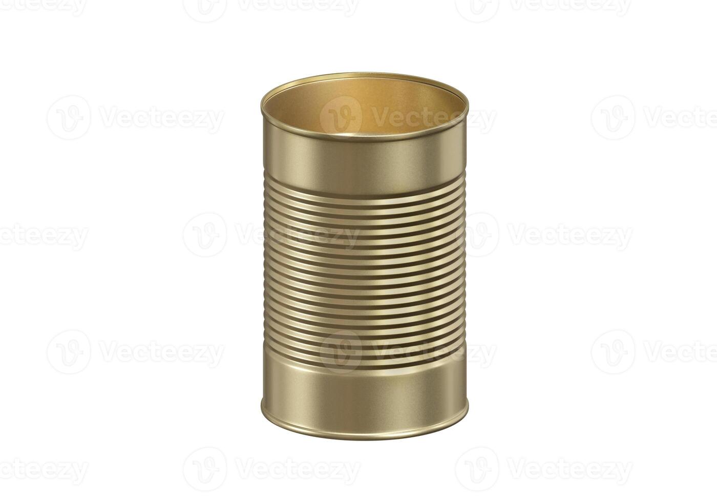Open metal can on white background photo