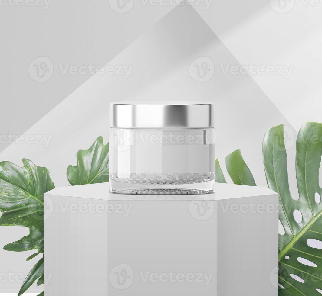 Whitening cream in package on a white podium with light coming in through a window and tropical plants, for cosmetic ads. photo