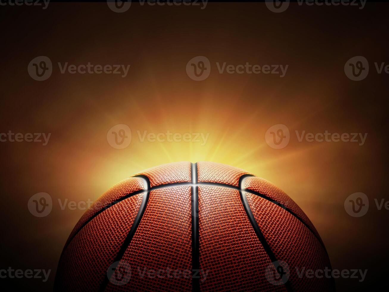 basketball ball. on black background with smoke, yellow orange red white colored back lights photo