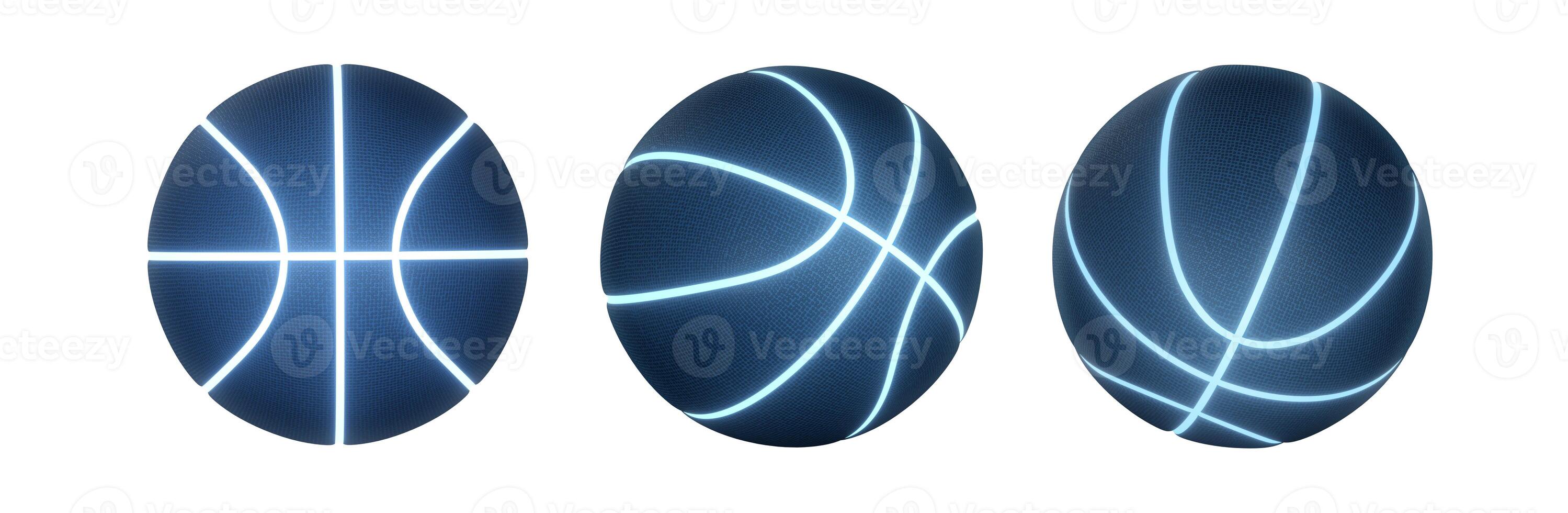 Blue basketball with bright glowing neon lines on white background photo